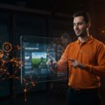 Profesional de Western Sugar trabajando con SAP Cloud ERP y visualizaciones de inteligencia artificial en un ambiente corporativo digital y automatizado.