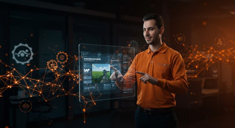 Profesional de Western Sugar trabajando con SAP Cloud ERP y visualizaciones de inteligencia artificial en un ambiente corporativo digital y automatizado.