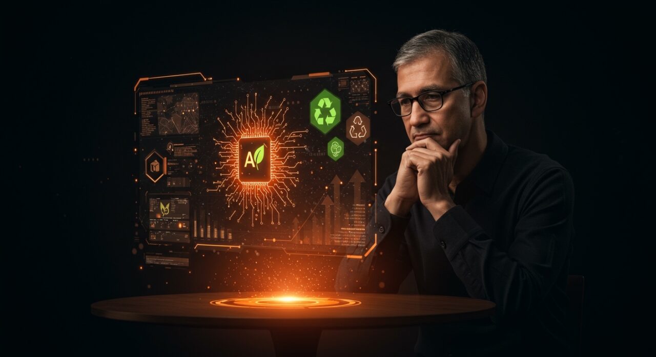 Satya Nadella frente a una interfaz holográfica de inteligencia artificial sostenible, representando innovación tecnológica y startups.