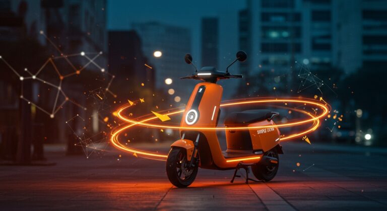 Scooter eléctrico Simple Ultra con 400 km de autonomía resaltando innovación tecnológica y movilidad eléctrica.