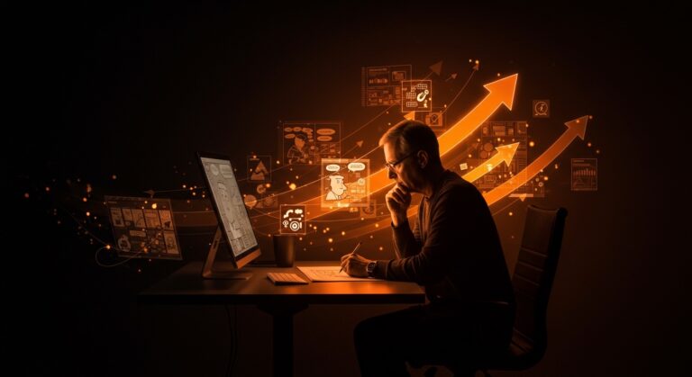 Scott Adams creando cómics empresariales, simbolizando inspiración en emprendimiento e innovación digital para startups.