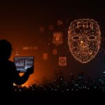 Seguridad informática en startups tecnológicas representada por experto en ciberseguridad con datos digitales y símbolos de hackers personales inspirados en el caso Epstein.