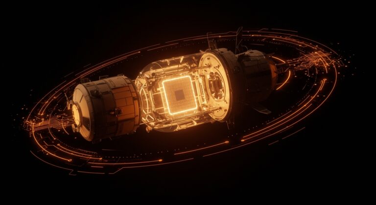 Manufactura de semiconductores en microgravedad de Space Forge representada en una nave espacial orbitando con innovación tecnológica y automatización en el espacio.