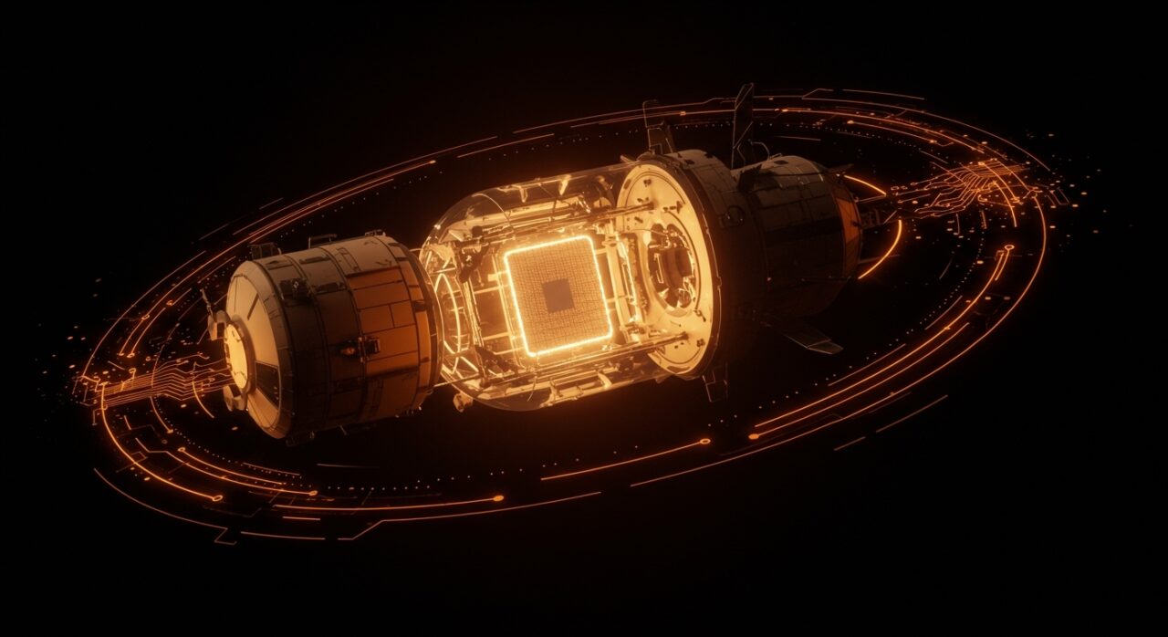 Manufactura de semiconductores en microgravedad de Space Forge representada en una nave espacial orbitando con innovación tecnológica y automatización en el espacio.