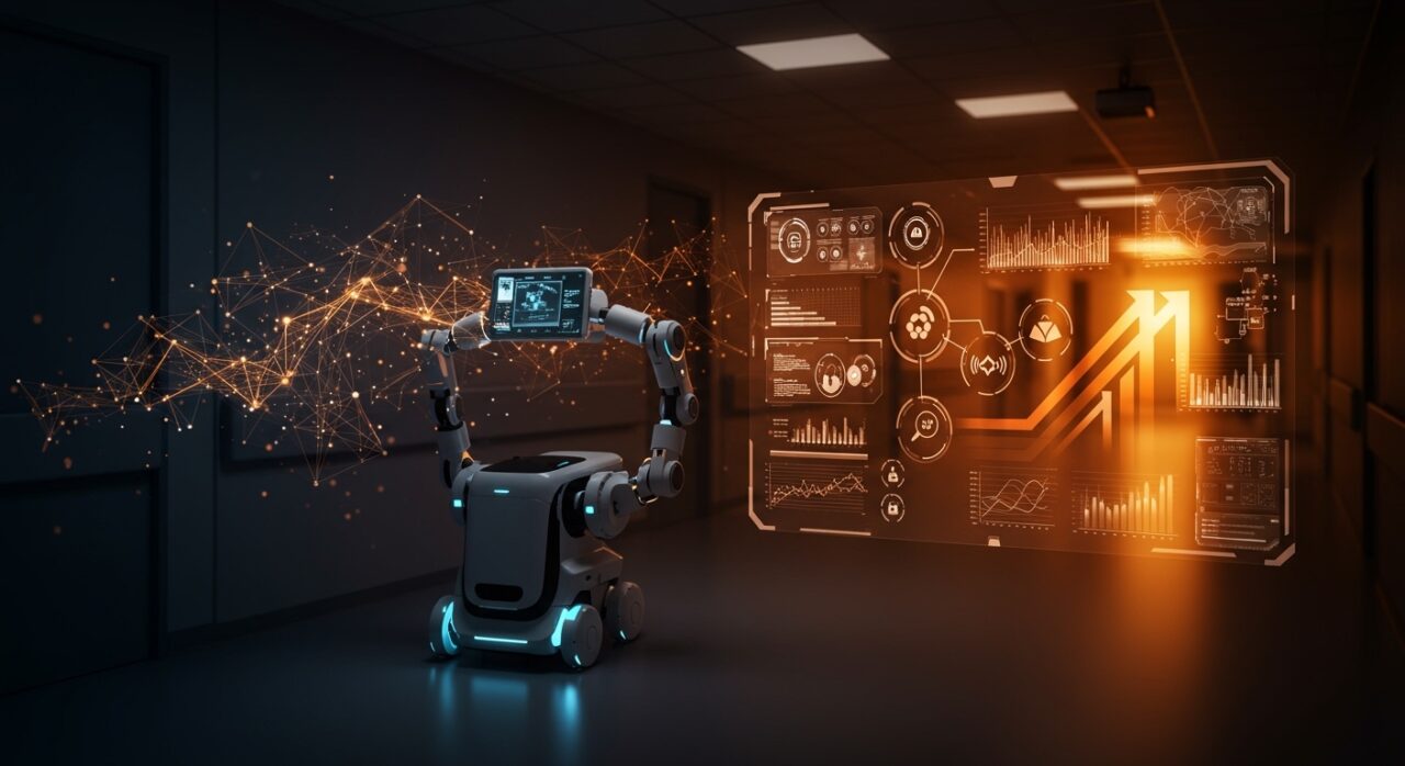 Robot hospitalario avanzado ilustrando la automatización y la innovación tecnológica en el sector salud mediante robótica y IA aplicada.