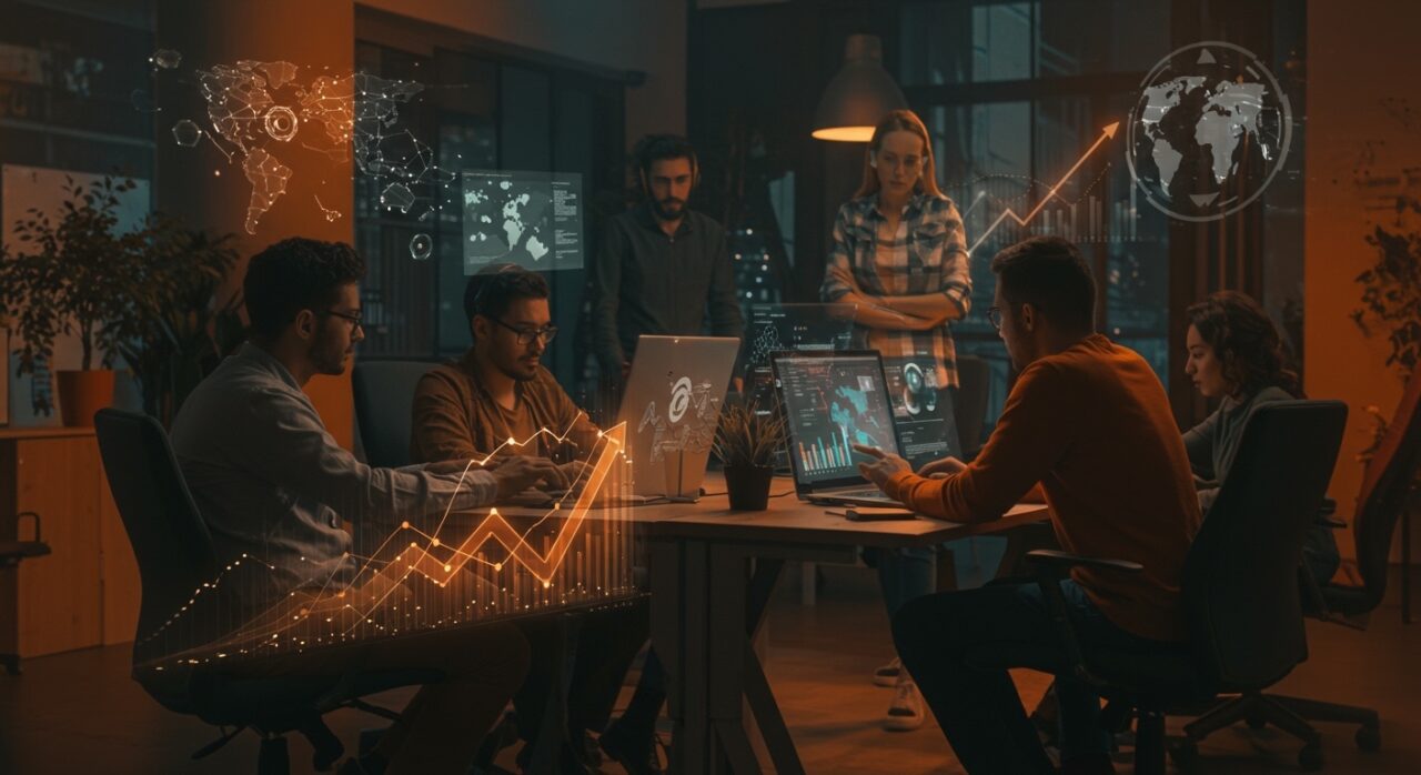 Freelancers colaborando en Chamberí con inteligencia artificial y trabajo flexible impulsando el ecosistema tecnológico startup.