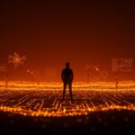 Líder tecnológico en Silicon Valley visualizado con flujos de datos y estructuras geométricas que simbolizan innovación y cultura emprendedora en el ecosistema startup.