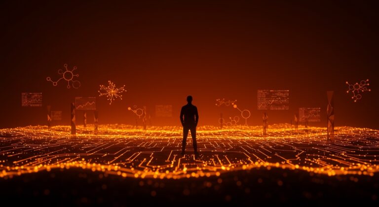 Líder tecnológico en Silicon Valley visualizado con flujos de datos y estructuras geométricas que simbolizan innovación y cultura emprendedora en el ecosistema startup.