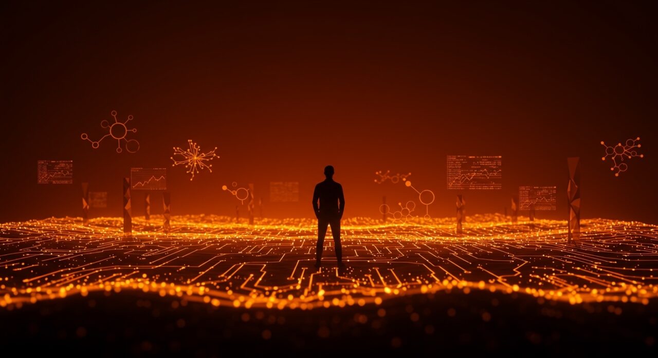 Líder tecnológico en Silicon Valley visualizado con flujos de datos y estructuras geométricas que simbolizan innovación y cultura emprendedora en el ecosistema startup.