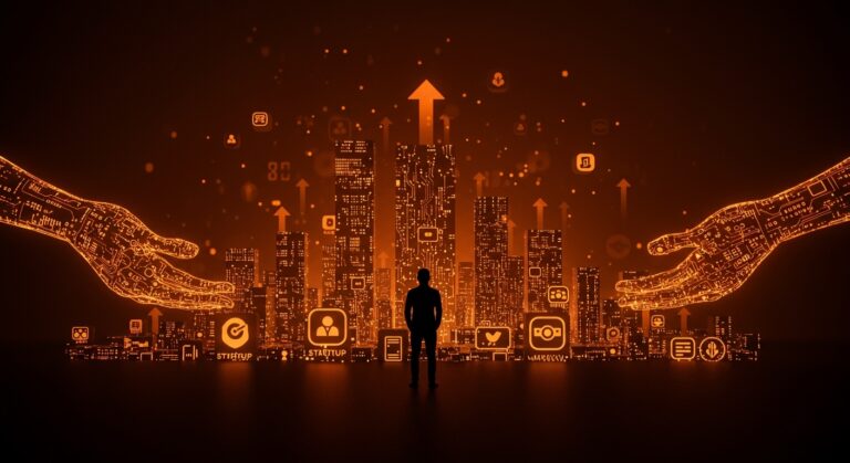 Founder tecnológico frente a un paisaje digital moderno que simboliza la cultura startup e innovación según Silicon Valley de HBO en 2026.