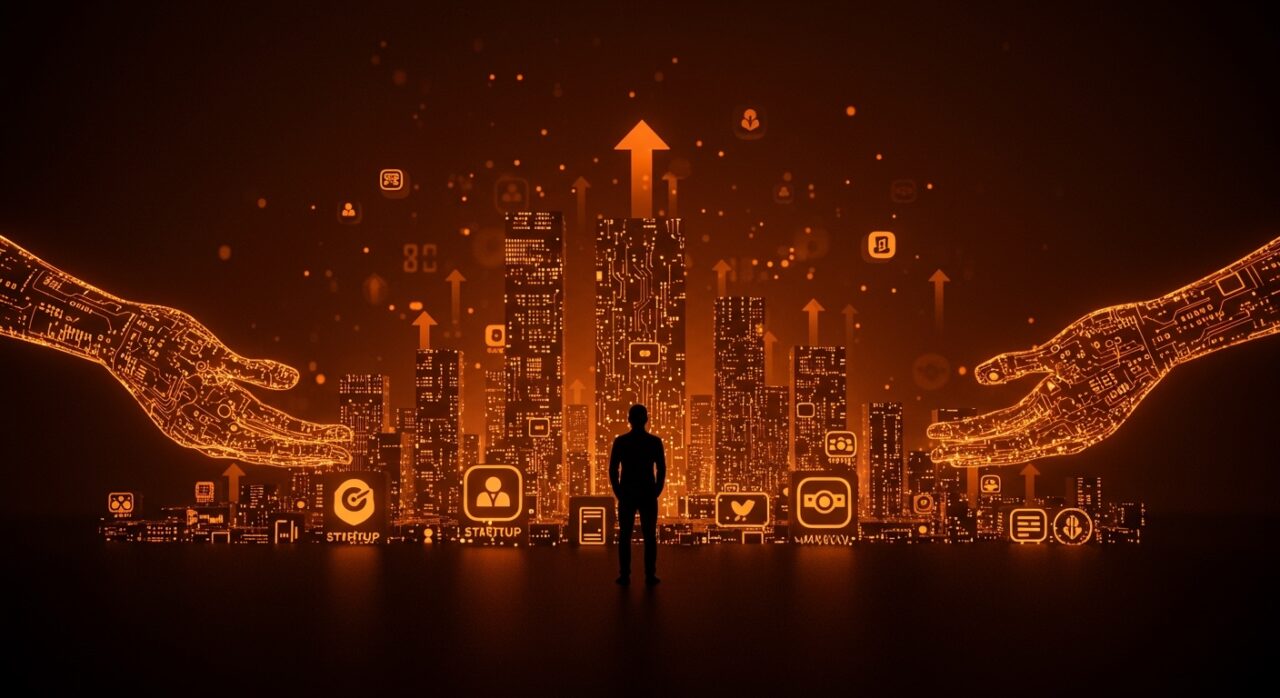 Founder tecnológico frente a un paisaje digital moderno que simboliza la cultura startup e innovación según Silicon Valley de HBO en 2026.