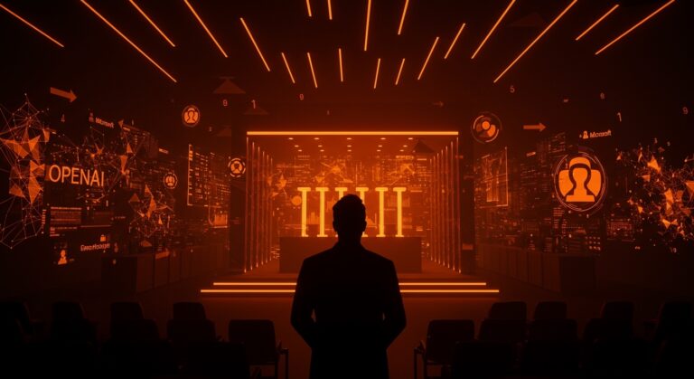 Elon Musk frente a un tribunal digital en Silicon Valley ilustrando la demanda legal y la innovación en inteligencia artificial de startups tecnológicas.