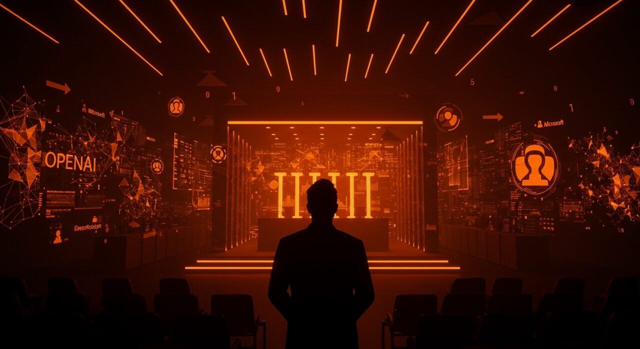 Elon Musk frente a un tribunal digital en Silicon Valley ilustrando la demanda legal y la innovación en inteligencia artificial de startups tecnológicas.