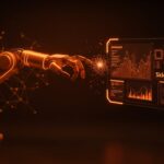 Brazo robótico iluminado en tonos naranja interactuando con hologramas de redes neuronales y datos que simbolizan la valuación y el impacto de Skild AI en robótica e IA aplicada.