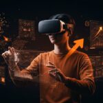 Fundador de startup tecnológico usando realidad virtual y tecnología phygital, simbolizando innovación y tecnología inmersiva en startups.