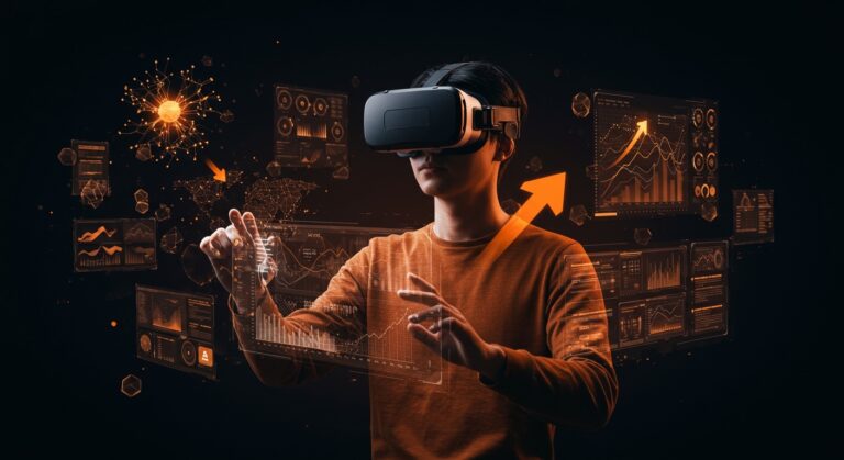 Fundador de startup tecnológico usando realidad virtual y tecnología phygital, simbolizando innovación y tecnología inmersiva en startups.