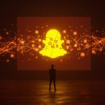 Demanda legal a Snap por adicción en redes sociales y riesgos regulatorios para startups tecnológicas sociales en color naranja y negro.