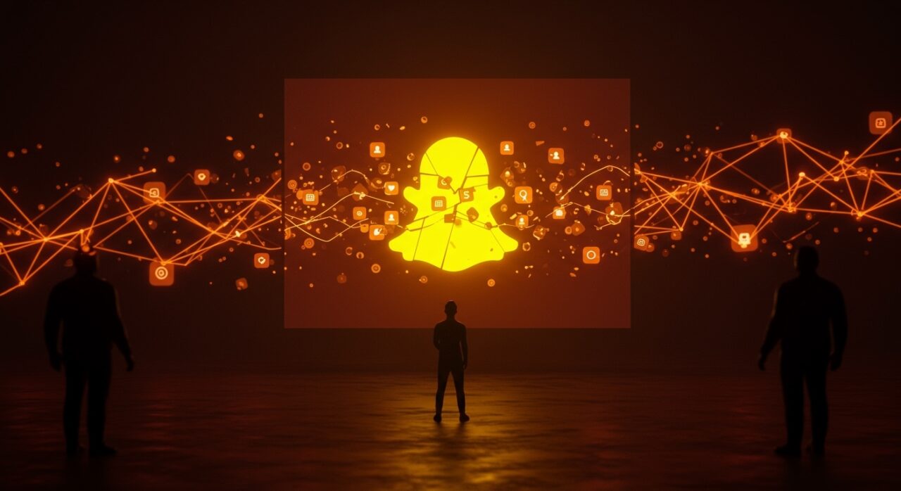 Demanda legal a Snap por adicción en redes sociales y riesgos regulatorios para startups tecnológicas sociales en color naranja y negro.