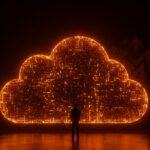 Líder empresarial europeo frente a infraestructura digital en la nube europea, simbolizando soberanía digital y seguridad de datos corporativa.