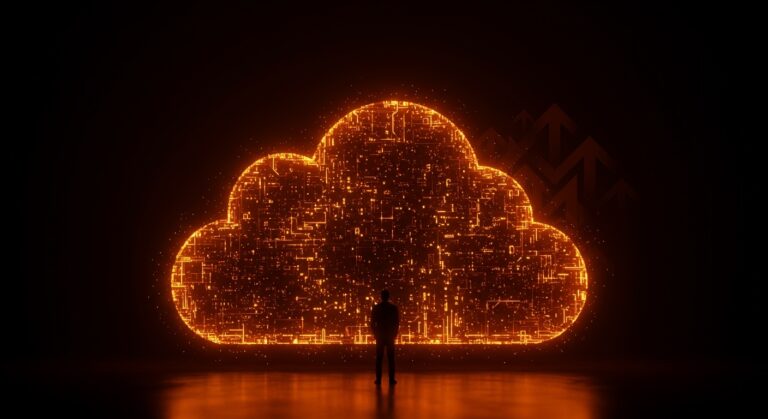 Líder empresarial europeo frente a infraestructura digital en la nube europea, simbolizando soberanía digital y seguridad de datos corporativa.