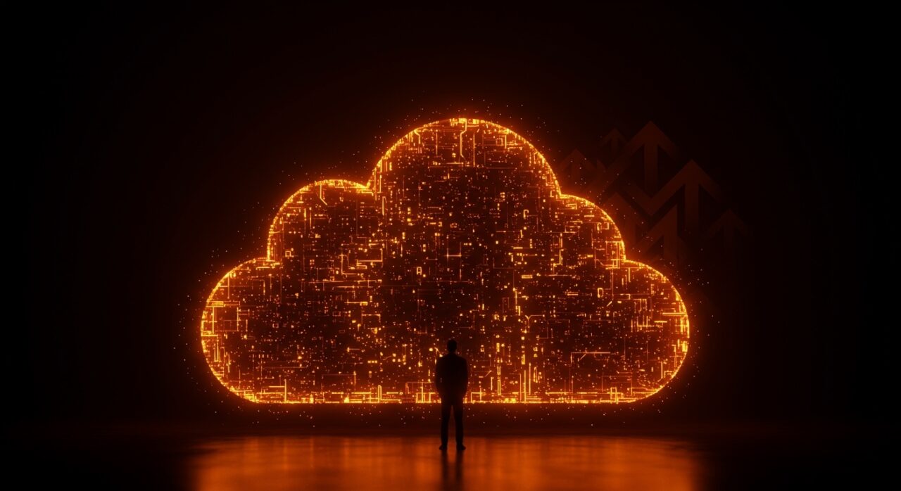 Líder empresarial europeo frente a infraestructura digital en la nube europea, simbolizando soberanía digital y seguridad de datos corporativa.