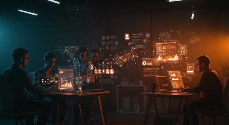 Equipo de startup colaborando en arquitectura de software desechable con IA aplicada y automatización, destacando tendencias tecnológicas 2026.