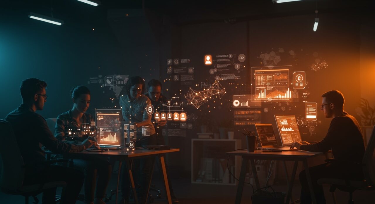 Equipo de startup colaborando en arquitectura de software desechable con IA aplicada y automatización, destacando tendencias tecnológicas 2026.