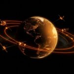 Satélites Starlink orbitando la Tierra con rutas descendentes, ilustrando la reducción de órbitas por seguridad de SpaceX y su impacto en infraestructura digital.