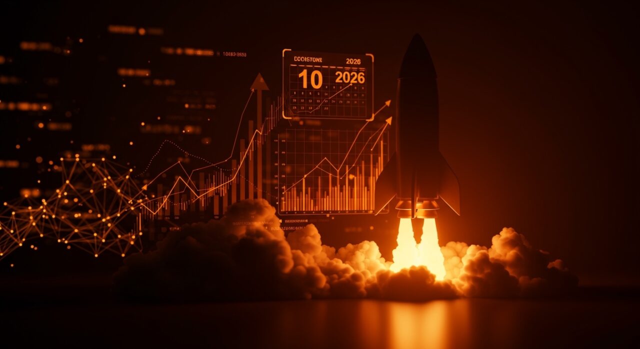 Rocket silhouette ready for launch symbolizing SpaceX IPO en junio 2026 con metáforas visuales de financiamiento y tecnología en paleta Ecosistema Startup.