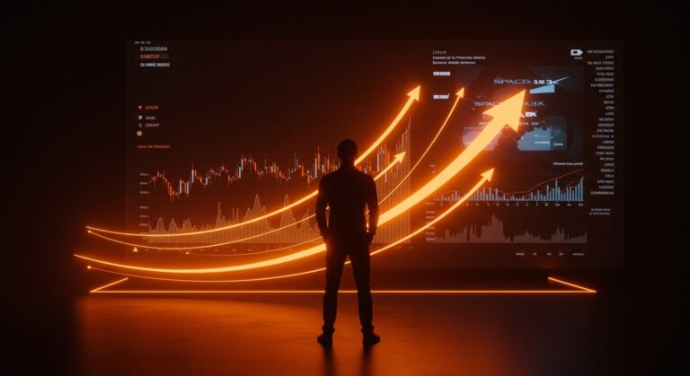 Emprendedor frente a pantalla digital con datos de IPO de SpaceX, simbolizando impacto en financiamiento y mercado secundario para startups y unicornios.