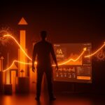 Fundador tecnológico delante de interfaz digital en tonos naranja y negro, ilustrando financiamiento Serie A y aplicación de IA en startups de comercio electrónico.