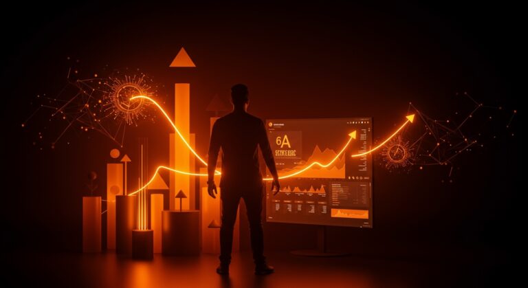 Fundador tecnológico delante de interfaz digital en tonos naranja y negro, ilustrando financiamiento Serie A y aplicación de IA en startups de comercio electrónico.