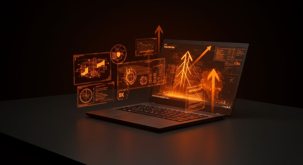 ThinkPad destacando innovación tecnológica y diseño industrial en hardware con ambiente moderno en paleta Ecosistema Startup.