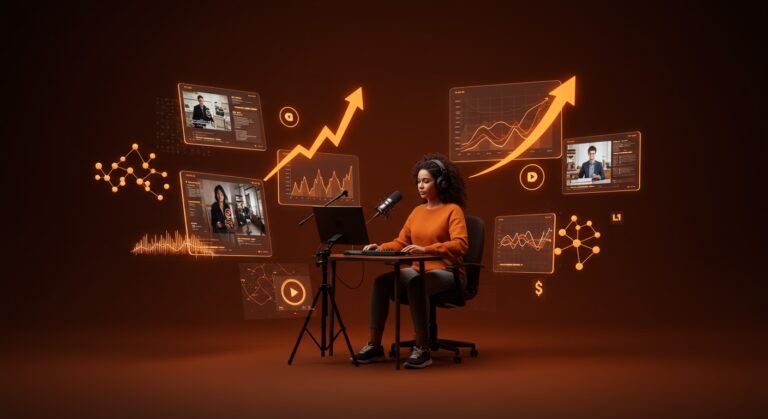 Video podcast creator aumentando monetización en plataforma digital con simbolismos de crecimiento y consumo SaaS.