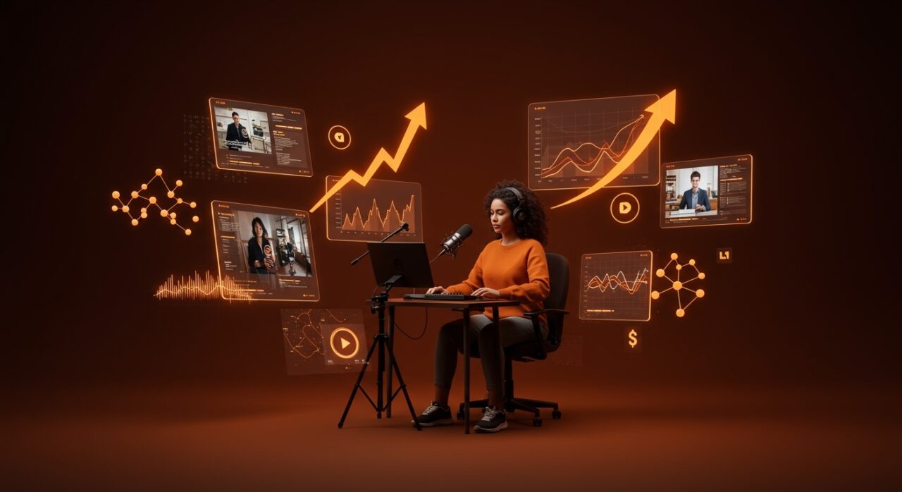 Video podcast creator aumentando monetización en plataforma digital con simbolismos de crecimiento y consumo SaaS.