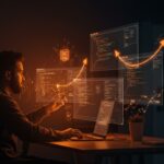 Interfaz moderna de SQL Studio para founders gestionando bases de datos SQL en una herramienta SaaS, con metáforas visuales de crecimiento y tecnología SQL.