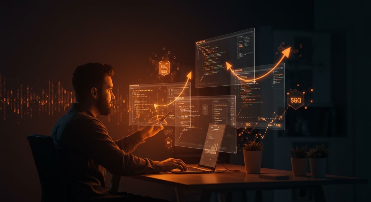 Interfaz moderna de SQL Studio para founders gestionando bases de datos SQL en una herramienta SaaS, con metáforas visuales de crecimiento y tecnología SQL.