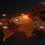 Tarjeta de pagos de stablecoins futurista iluminada en tonos naranjas y negros representando la adopción masiva de criptomonedas y pagos digitales en LATAM para 2026.