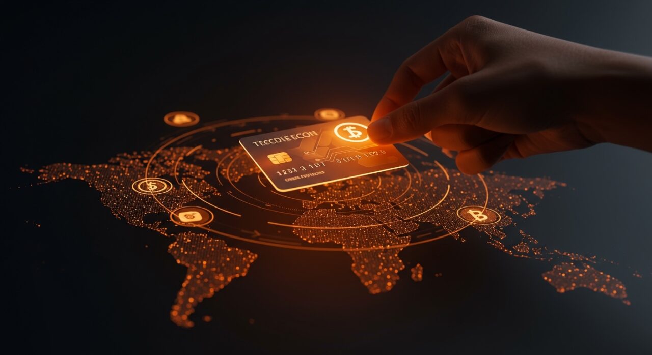 Tarjeta de pagos de stablecoins futurista iluminada en tonos naranjas y negros representando la adopción masiva de criptomonedas y pagos digitales en LATAM para 2026.