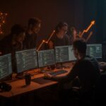 Colaboración intensiva de desarrolladores técnicos reflejando la cultura positiva y transformación impulsada por IA en comunidades como Stack Overflow.