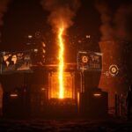 Central nuclear futurista iluminada en naranja y negro con hologramas digitales de IA, simbolizando inversión y crecimiento en startups de tecnología nuclear.