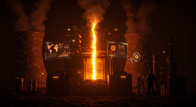 Central nuclear futurista iluminada en naranja y negro con hologramas digitales de IA, simbolizando inversión y crecimiento en startups de tecnología nuclear.