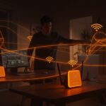 Optimización de conectividad WiFi con Starlink Mesh en startups y hogares modernos, mostrando redes en malla y tecnología avanzada.