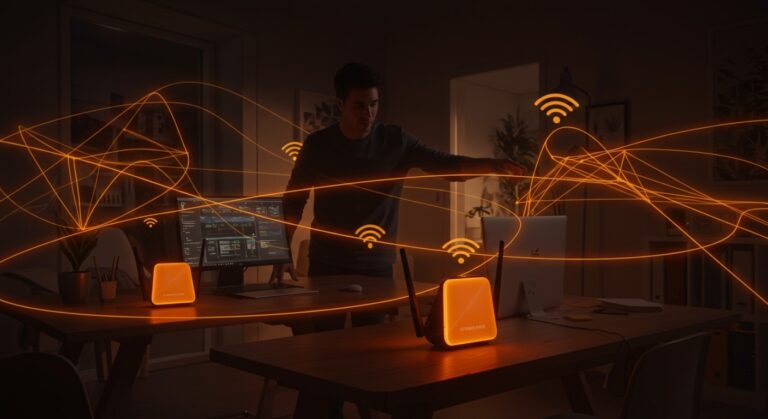 Optimización de conectividad WiFi con Starlink Mesh en startups y hogares modernos, mostrando redes en malla y tecnología avanzada.