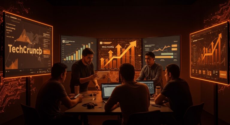 Founders latinoamericanos colaborando en pitch de Startup Battlefield 200 en TechCrunch Disrupt, simbolizando innovación y financiamiento en startups.