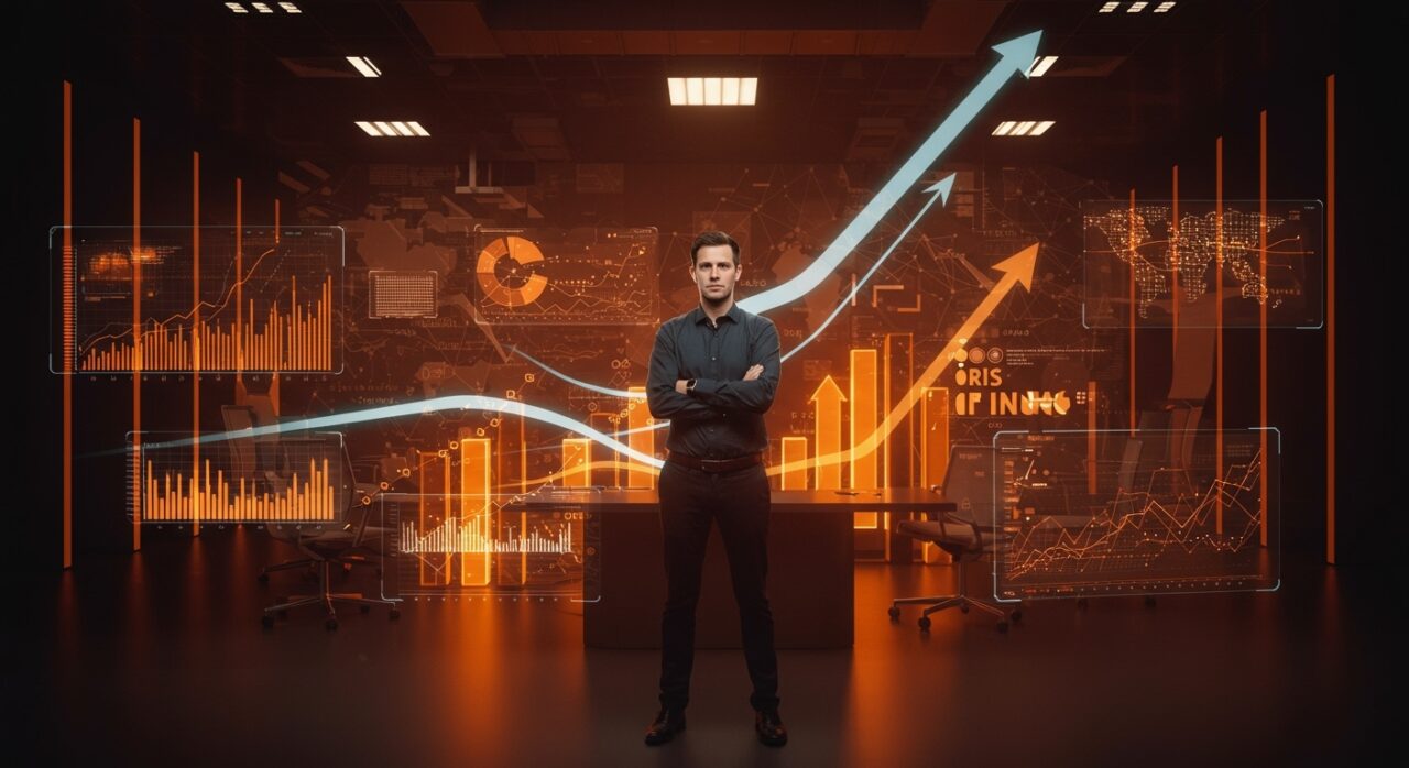 Drew Fallon en fintech de IA Iris Finance con visuales de automatización, inversión y crecimiento de startup fintech.