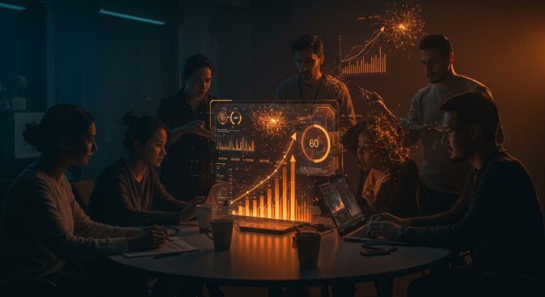 Startup IA Humans& recibiendo ronda semilla récord de 480 millones de dólares, con fundadores tech colaborando y representación visual de inversión tecnológica y redes neuronales.