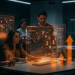Emprendedores colaborando en un laboratorio tecnológico con interfaces holográficas que representan la transferencia tecnológica y el impacto de Startup Lab en el ecosistema deeptech chileno.