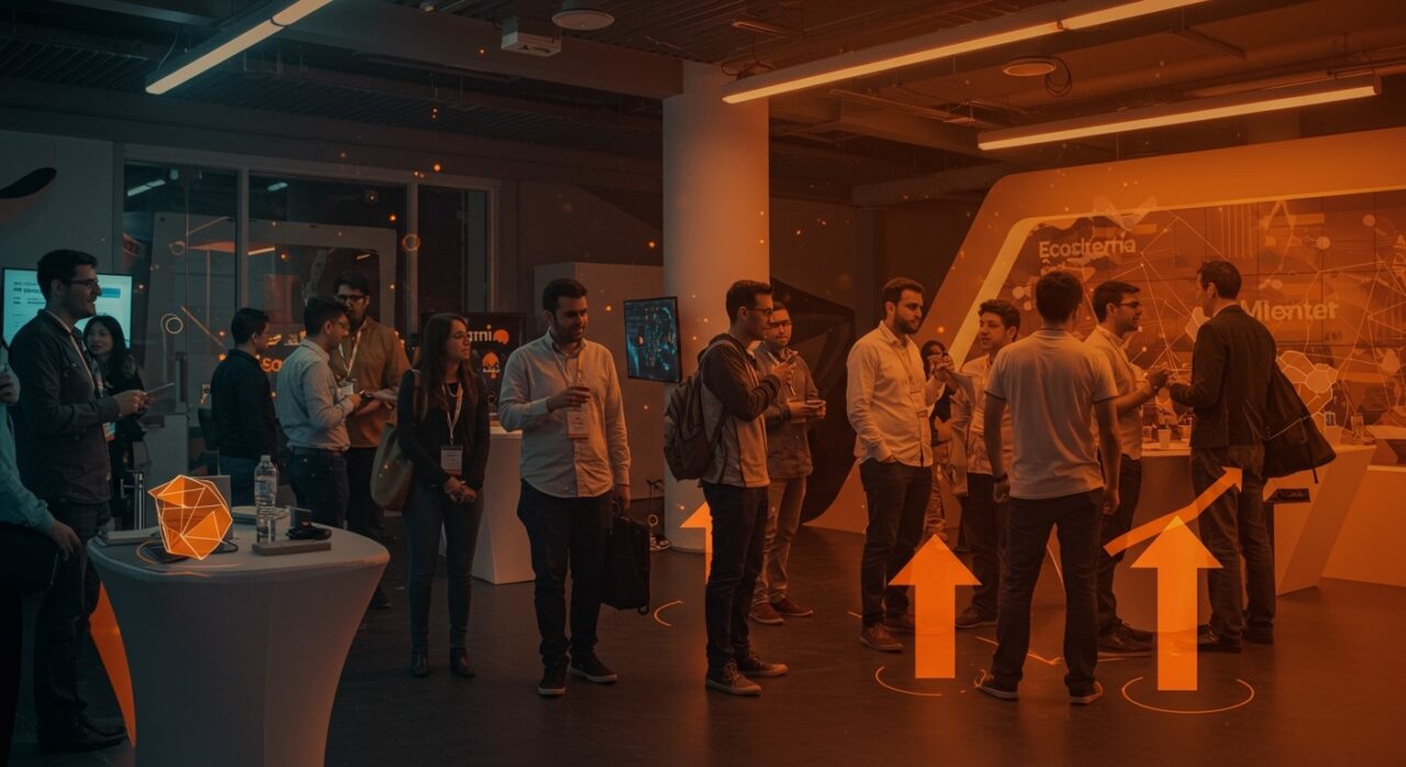 Startups e inversores en evento de emprendimiento tecnológico y networking clave en Miami con metáforas visuales de inversión y ecosistema startup.