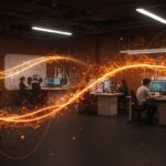 Interior moderno del hub deep tech Startuplab.01 en Chile, con emprendedores colaborando y tecnología innovadora enfocada en clima.